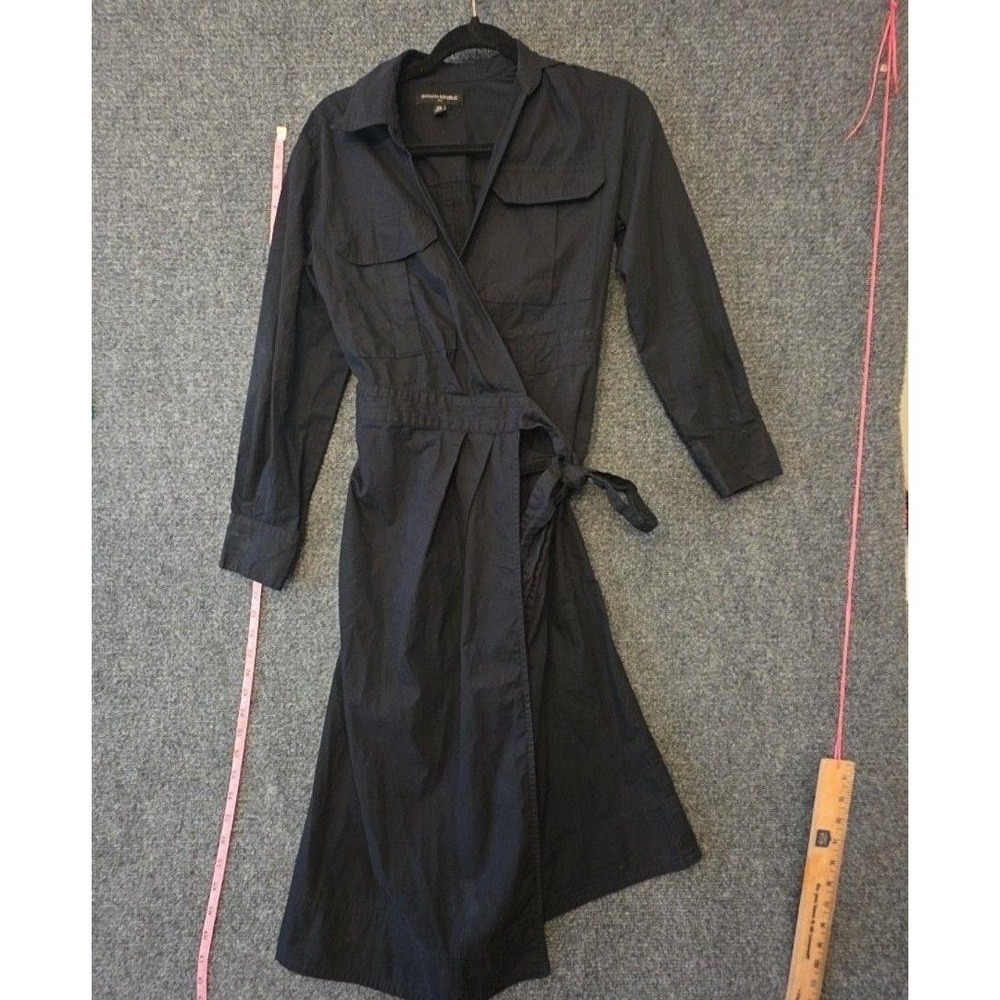Banana Republic Dress Womens XS Black Long Sleeve Belted Wrap Shirt Midi Poplin